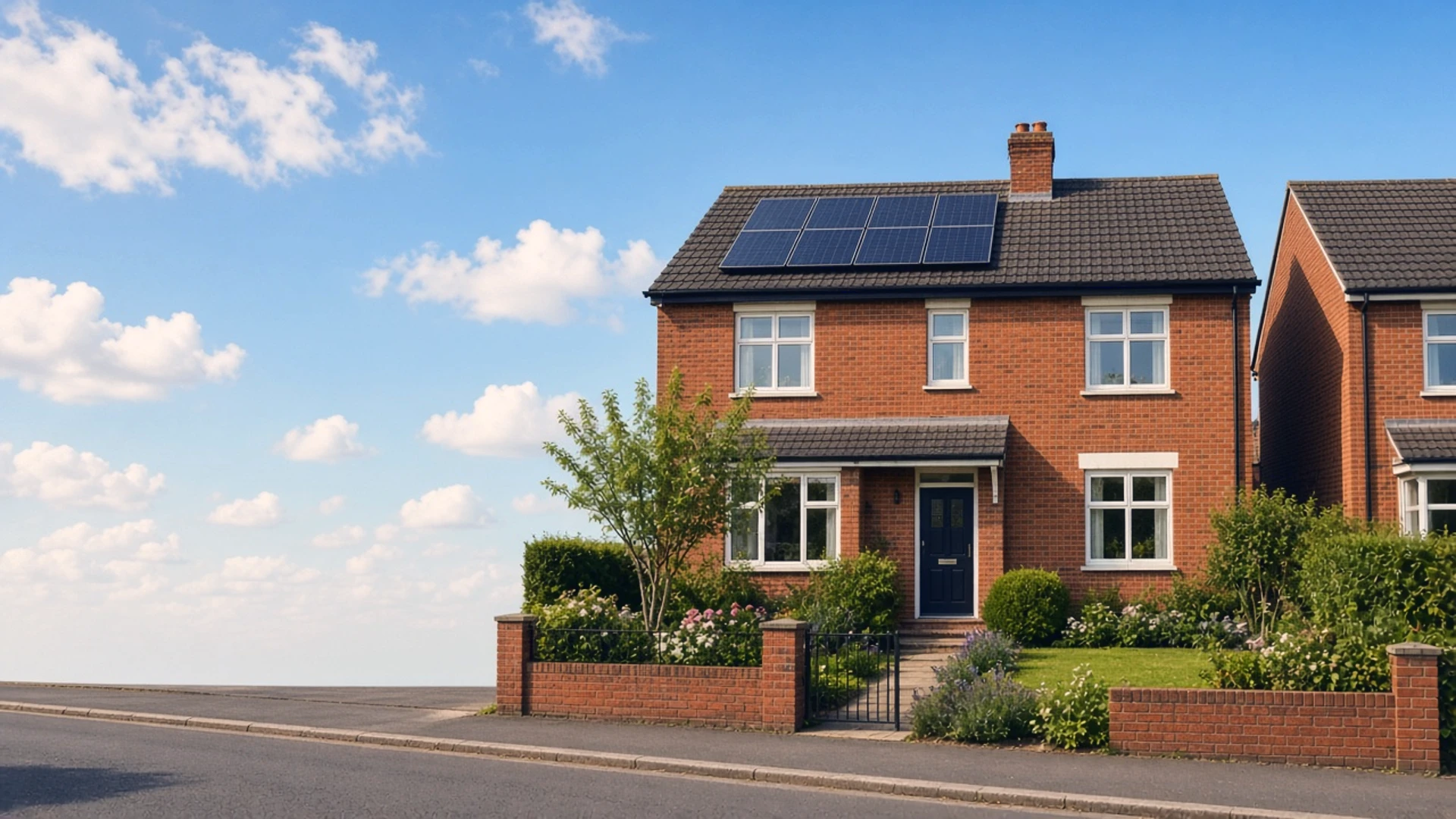 Detached house in the UK with solar panels on the roof